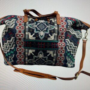 JOHNNY WAS "Austin" Embroidered Cloth/Leather Large Tote Weekender Bag is NWOT!!